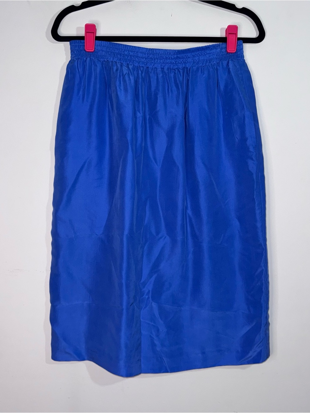 Vintage 100% Silk Blue Midi Skirt Elastic Waist Pockets Minimalist Size 12